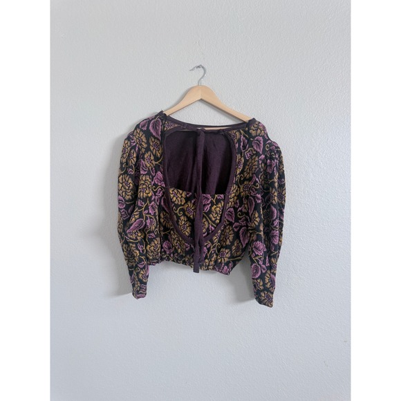 Free People Balloon Sleeve Keyhole Top Floral Embroidered Cotton Sz L - Picture 2 of 9